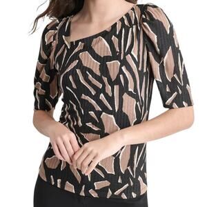 DKNY Women’s Asymmetrical Neck Printed Ribbed Knit Top Black Tan Size S